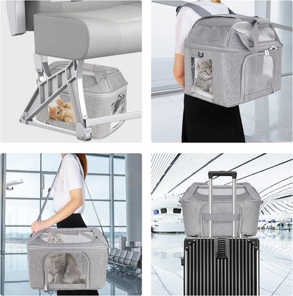 Gray pet carrier on an airplane seat setup, showing zipper front and mesh side