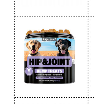 Hip & Joint hemp treats dog supplement tub with purple “HEMP TREATS” badge