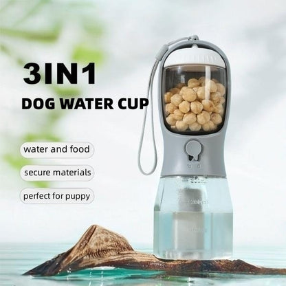 3-in-1 tragbarer Hunde-Wasserspender mit Futterfach, hellblauer Deckel und Schlaufe