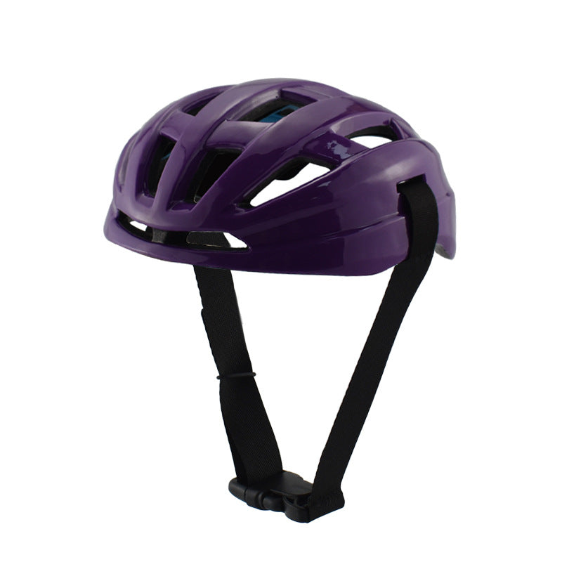 Purple sports riding helmet with vents and chin straps