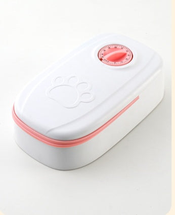 Automatic Pet Feeder & Smart Food Dispenser, grey with pink accents, paw-top panel