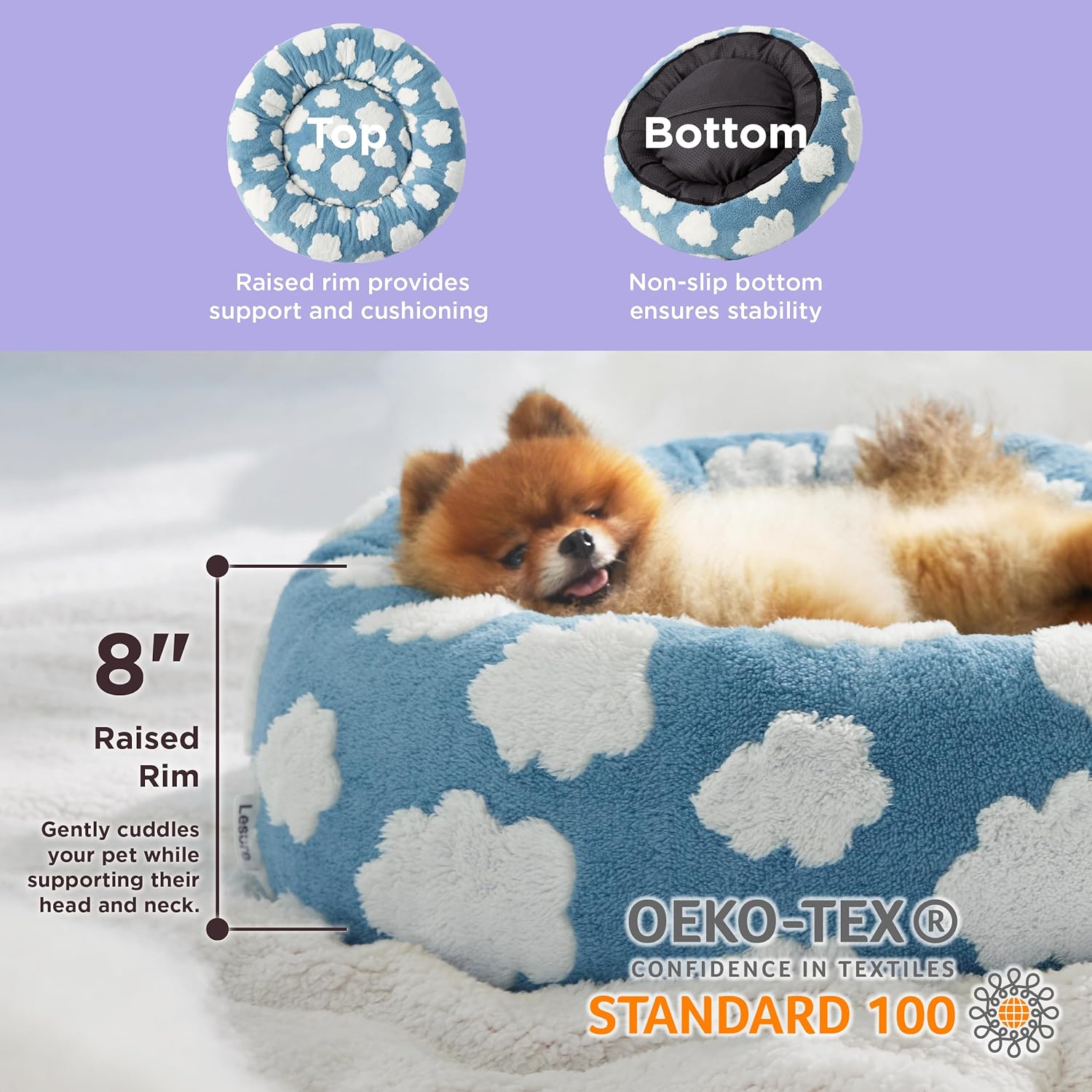 Blue donut pet bed with raised rim and non-slip bottom, cloud print