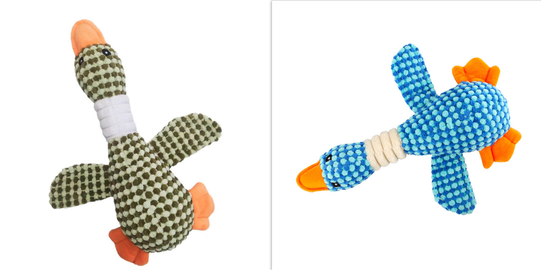 Plush dog molar cleaning toys: khaki-and-olive striped and blue with orange feet