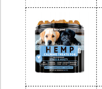 HEMP calming treats dog supplement tub with blue “CALMING TREATS FOR” text