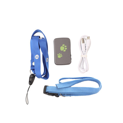 GPS tracker bundle with blue pet strap, tracker, and USB cable