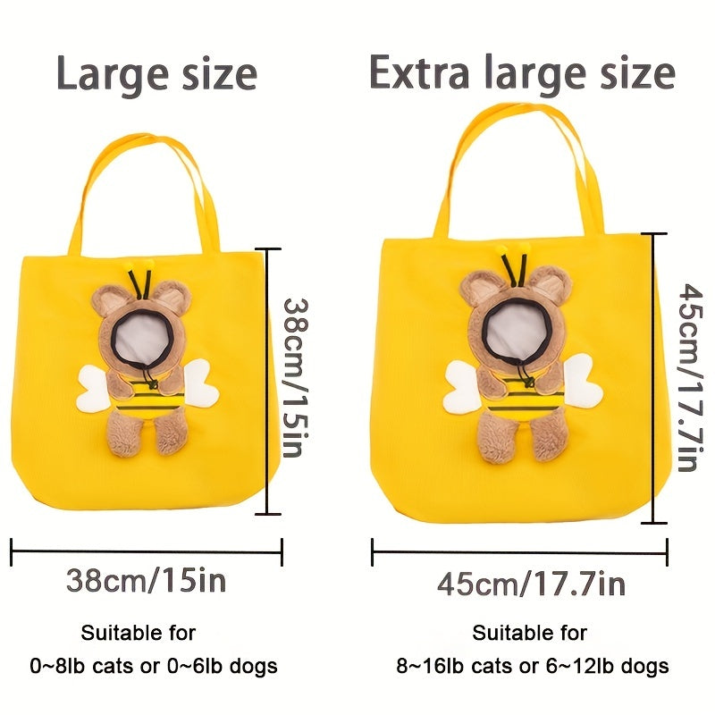 Yellow large pet carrier tote bag with cartoon mouse applique and carry handles