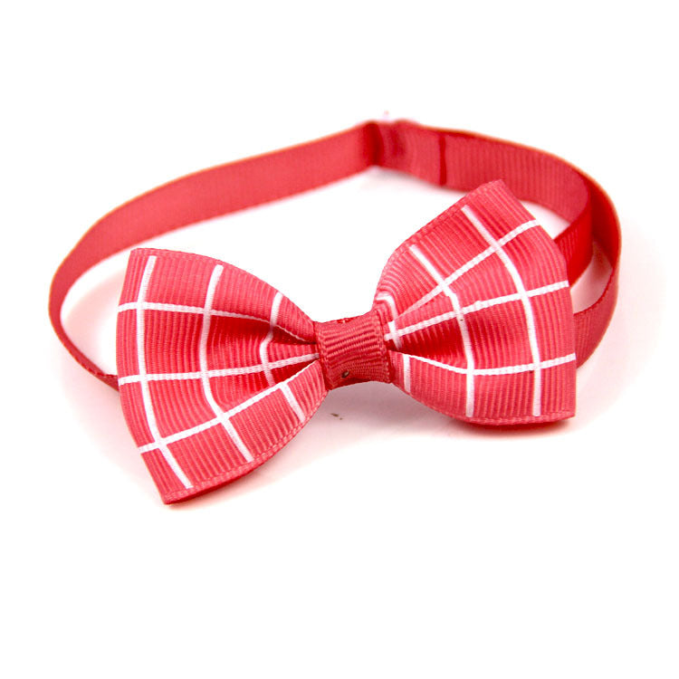 Red elastic neck strap with red and white grid plaid bow tie