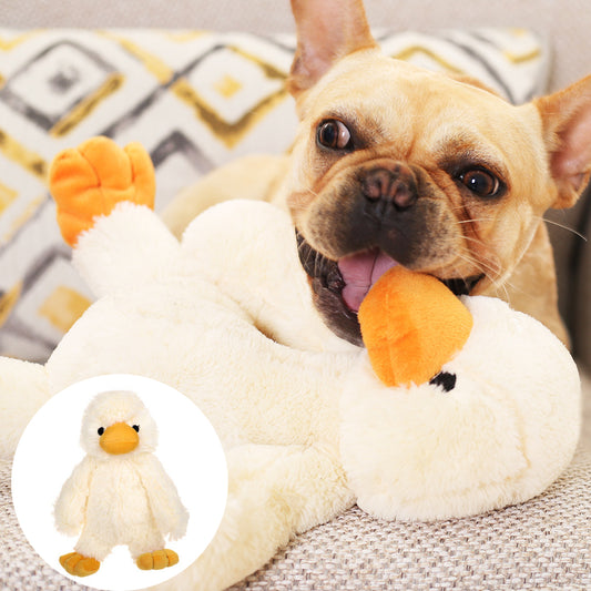 White plush duck dog toy with orange beak and feet, held by a small dog