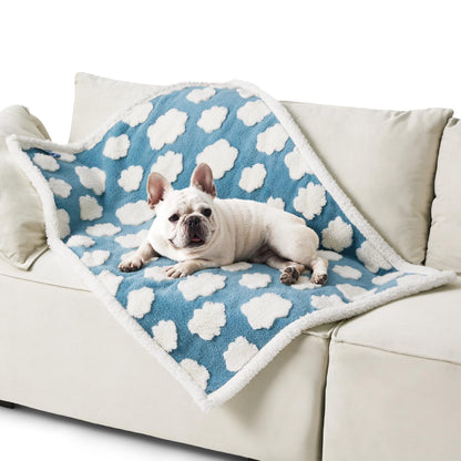 Pet waterproof blanket folded on a couch, blue paw-print pattern with white edging
