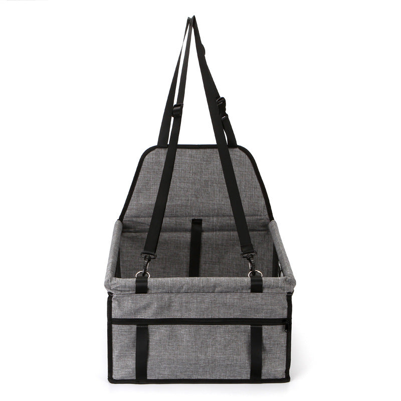 Light grey foldable pet safety seat car bag with front panel and hanging strap clips