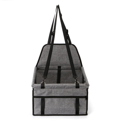 Light grey foldable pet safety seat car bag with front panel and hanging strap clips