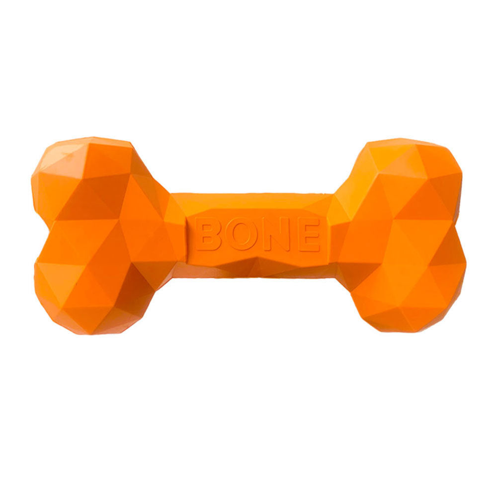 Orange geometric rubber bone chew toy with embossed BONE logo