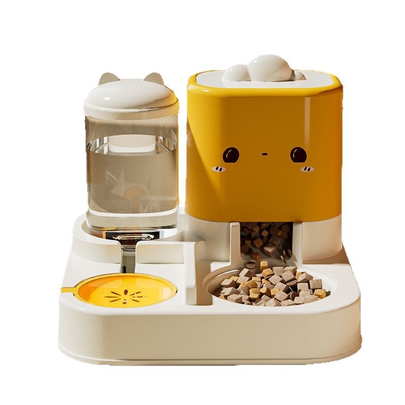 Automatic pet feeder and drinking fountain combo in cheese yellow with cat face design