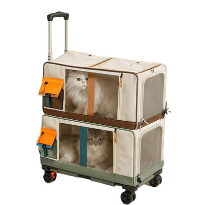 Portable rolling pet travel carrier, brown/khaki, front and side mesh windows