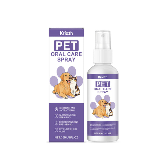 Pet Oral Care Spray 30ml bottle and box, purple label