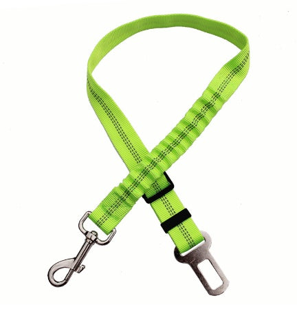 Adjustable reflective dog car seat belt in bright green, with two metal clasps