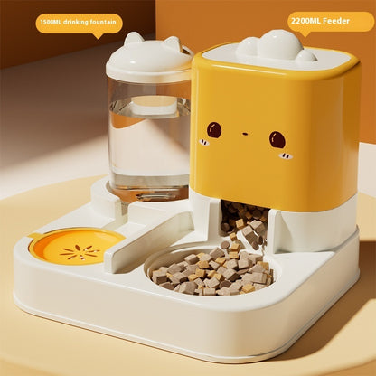 Cheese yellow automatic cat water fountain and feeder with water reservoir and kibble dish