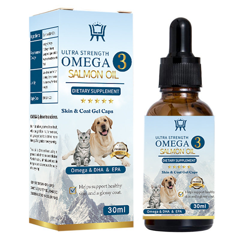 Pet care Omega 3 salmon oil supplement bottle with 30ml box packaging