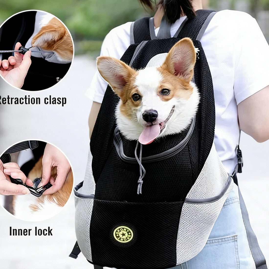 NEW Pet Dog Carrier: Verschlussklemme innen & Riemen, schwarz/grau