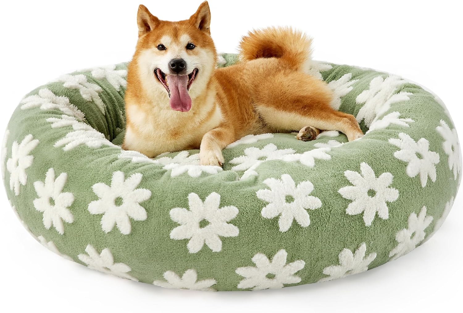 Rundes Donut-Katzenbett, grüner Plüsch mit weißen Blüten, rutschfeste Unterseite
