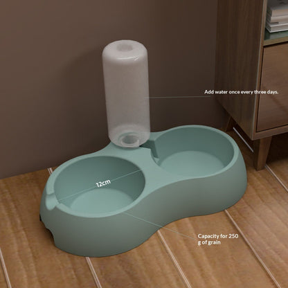 Pet Feeding And Drinking Station Bowl in teal/green with double bowls and water bottle