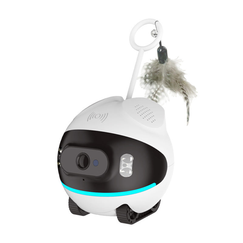 White/black pet camera with dangling teaser bell toy and blue LED indicator ring