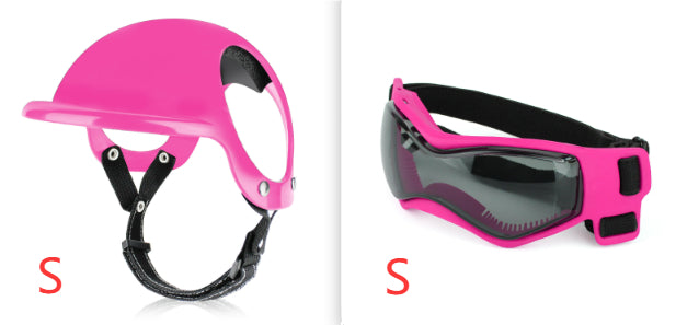 Pet safety helmet sizes shown: pink helmet (S) and matching pink face shield visor (S)