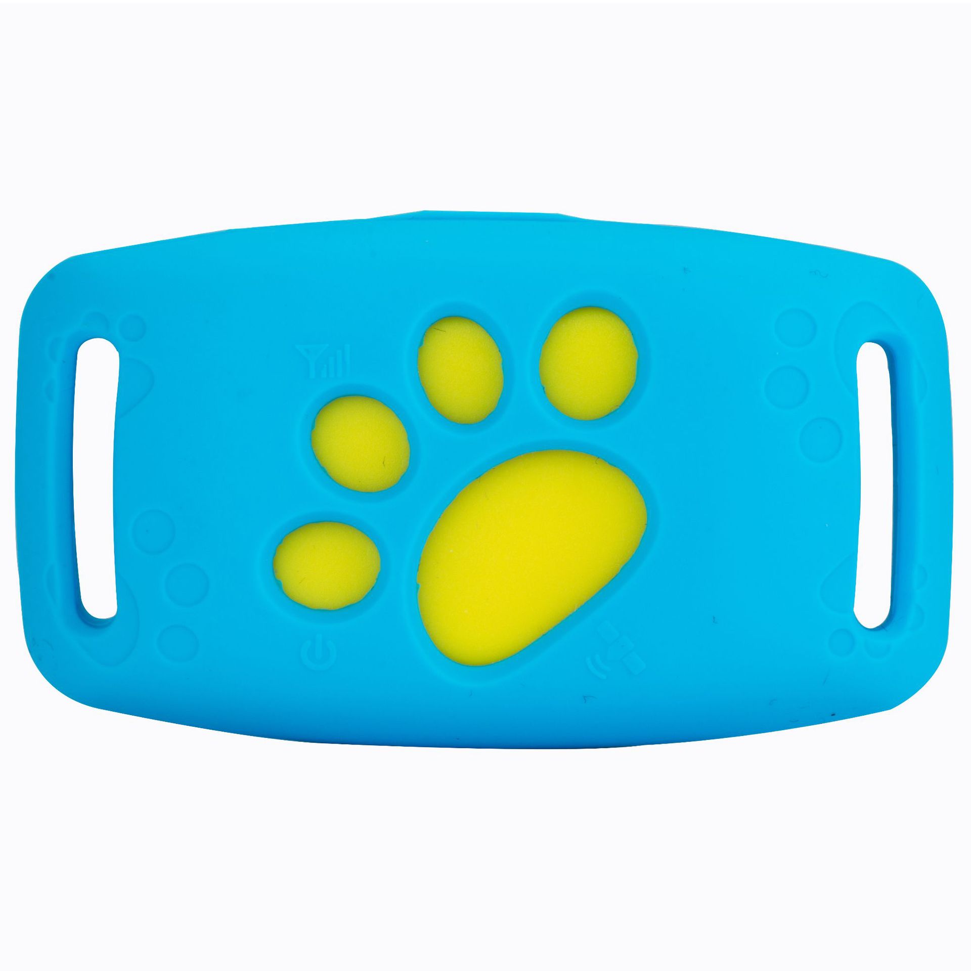 Sky blue waterproof GPS pet tracker case with yellow paw print design