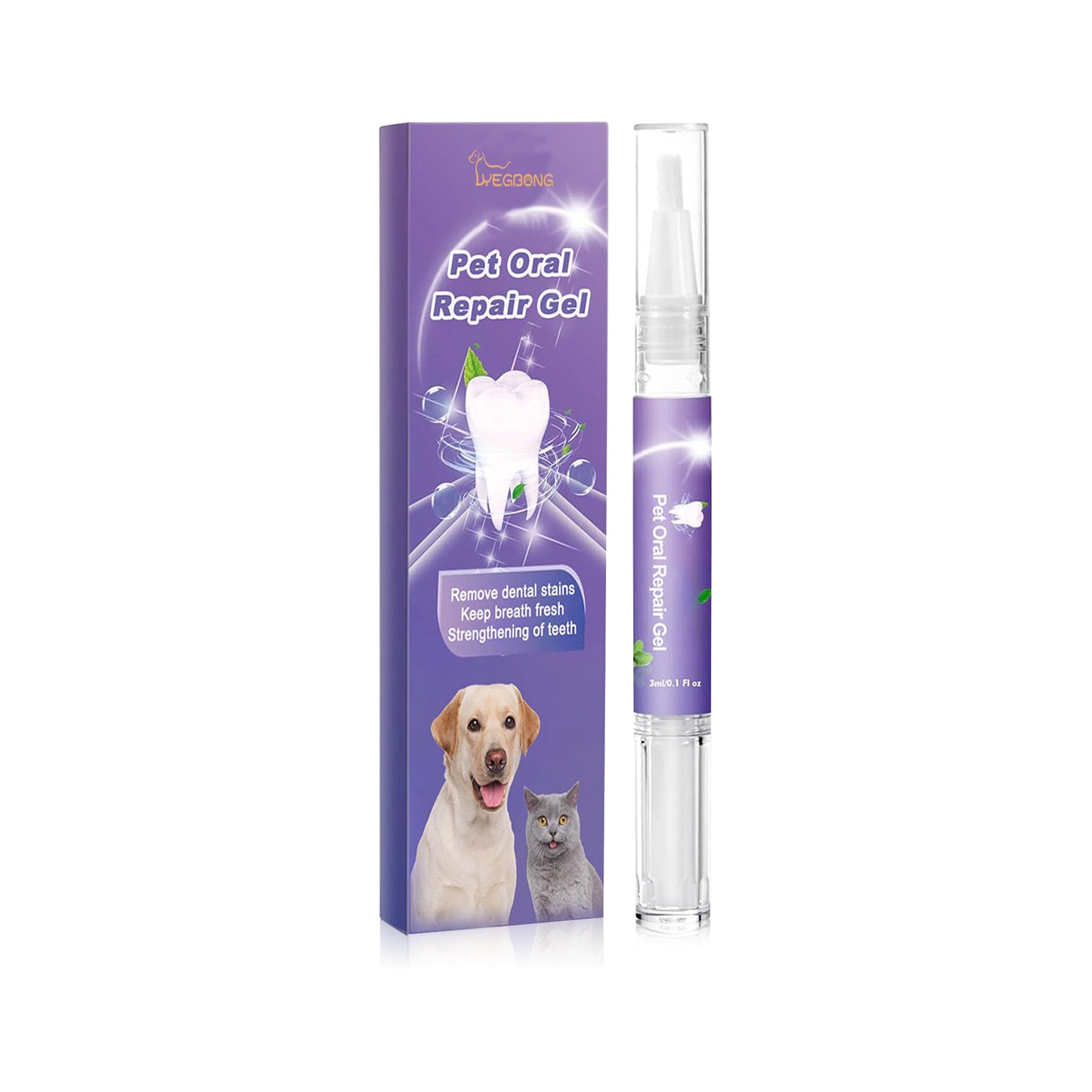 Pet Oral Repair Gel box with one clear applicator tube, purple label strip