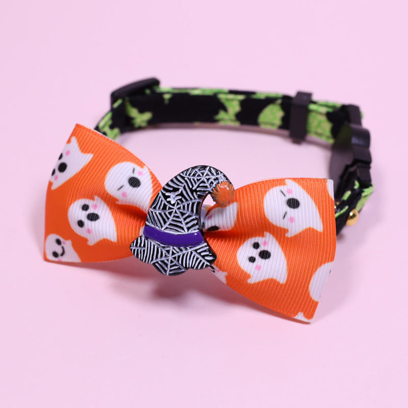 Pet Collar Halsband: orange Schleife mit Hunde-/Halloweenmotiven, schwarze Spinnen-Applikation