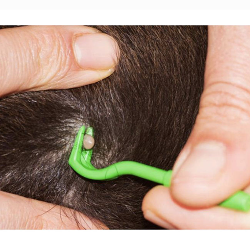 Green tick removal hook positioned at a tick on a pet’s fur, held by a finger