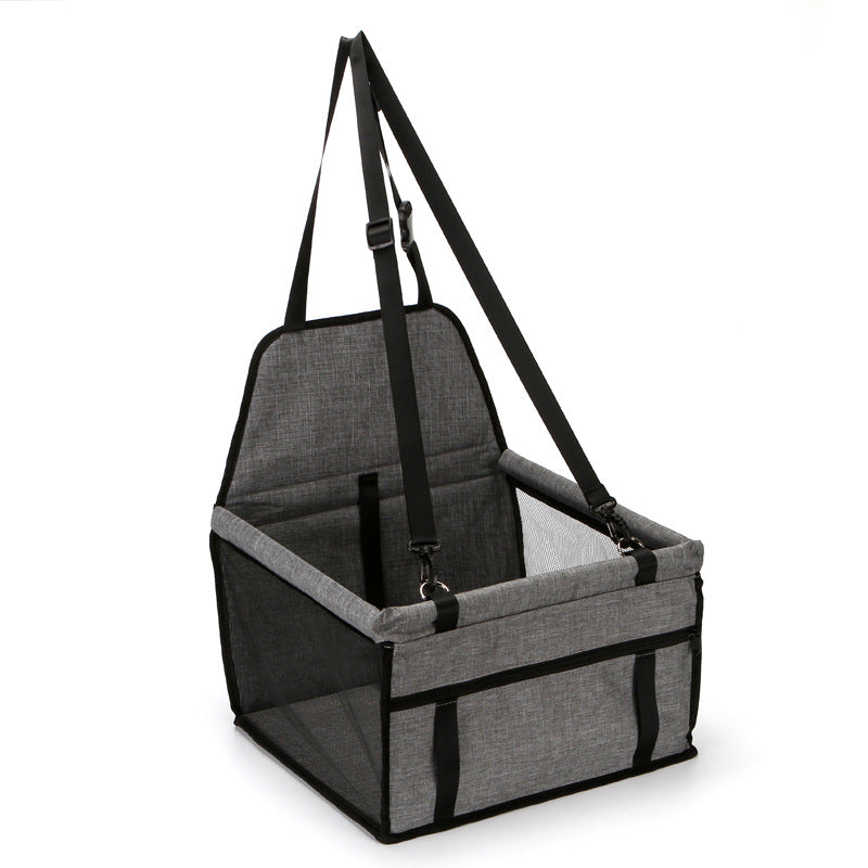Light grey foldable pet safety seat car bag with top handles and safety straps