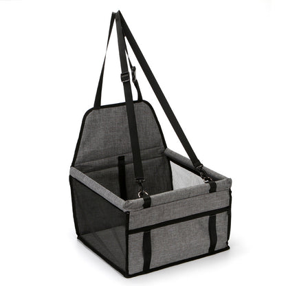 Light grey foldable pet safety seat car bag with top handles and safety straps