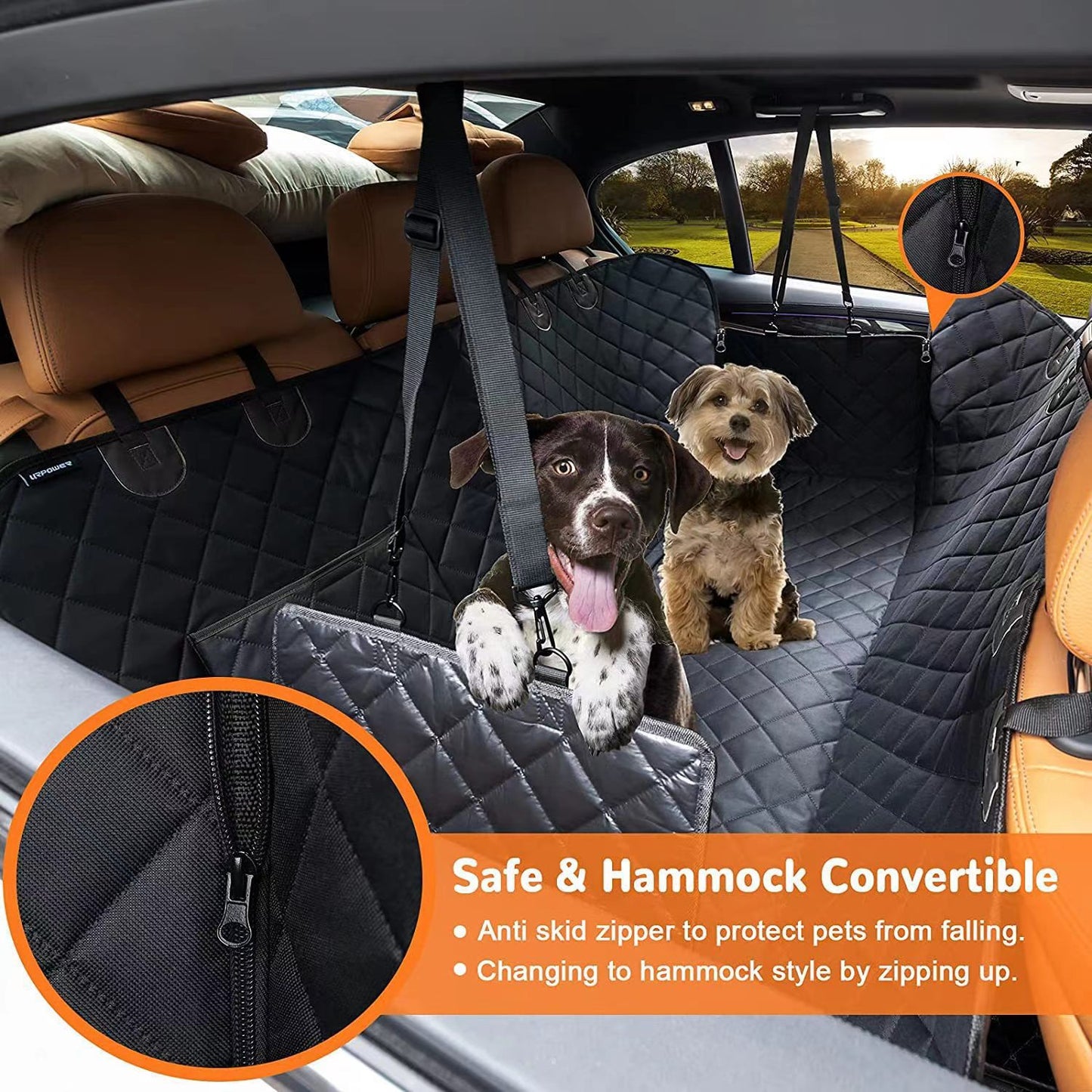 Car pet hammock cushion with secure straps and zipper opening, dark fabric and orange trim