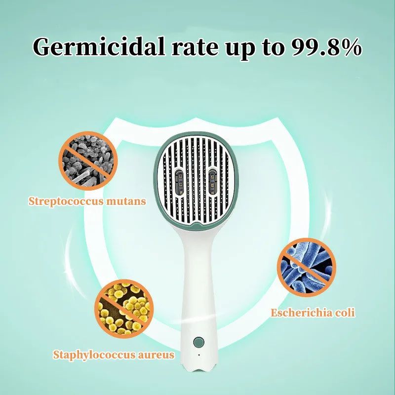Pet hair remover brush showing UVC sterilization rate up to 99.8%, white handle