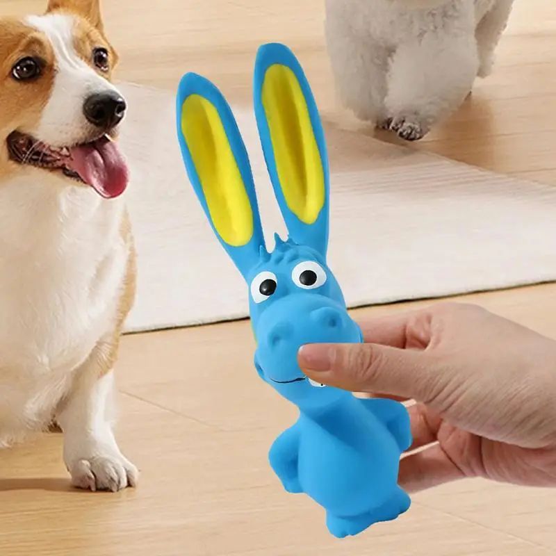 Blaues Latex-Hundespielzeug in Hasenform, Ohren mit Gelb-Akzenten