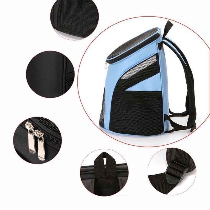 Blue pet carrier backpack details: zip closure and breathable mesh side panels