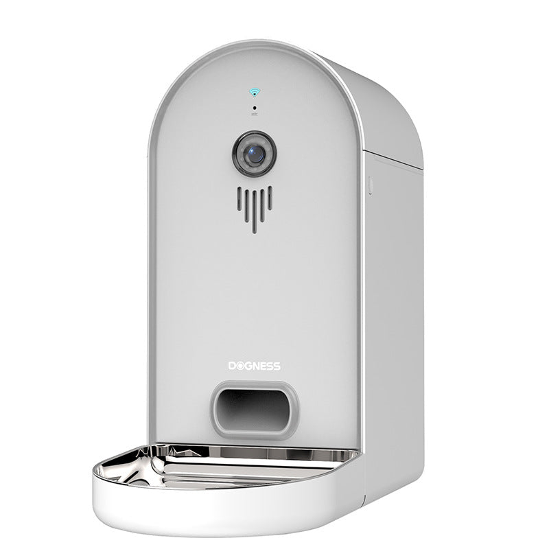 Smart Pet Feeder Platinum Gray mit Kamera, geöffneter Futterwanne