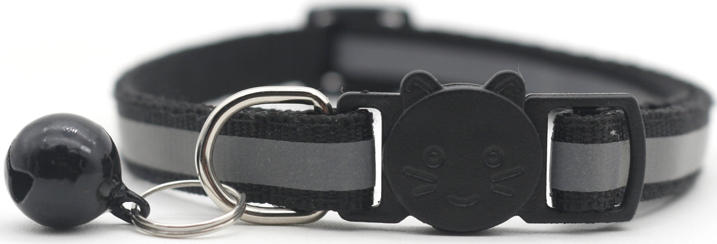 Black reflective pet collar with detachable safety buckle and bell