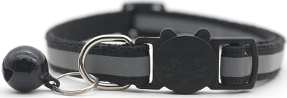 Black reflective pet collar with detachable safety buckle and bell