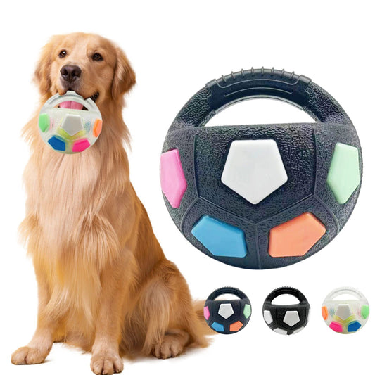 Pet football-shaped dog toy with dark outer shell and colorful hex panels