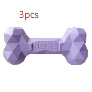 Purple rubber bone dog toy with textured facets and raised BONE text