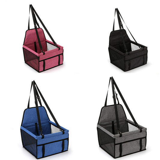 Foldable pet safety seat car bag with lift handles, padded seat, and adjustable straps