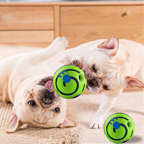 Green dog toy ball with blue graphic, squeaker-style opening for chewing