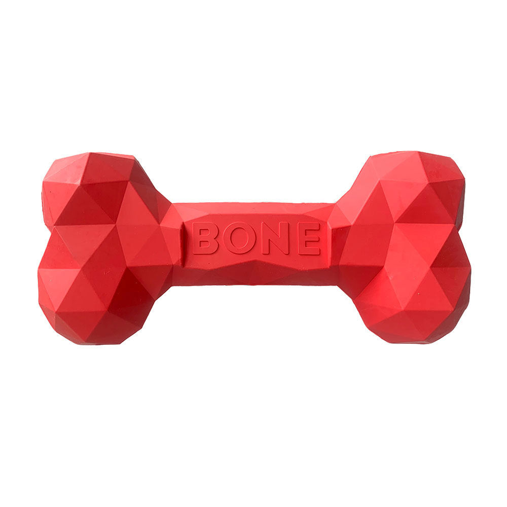 Red geometric rubber bone chew toy with embossed BONE logo
