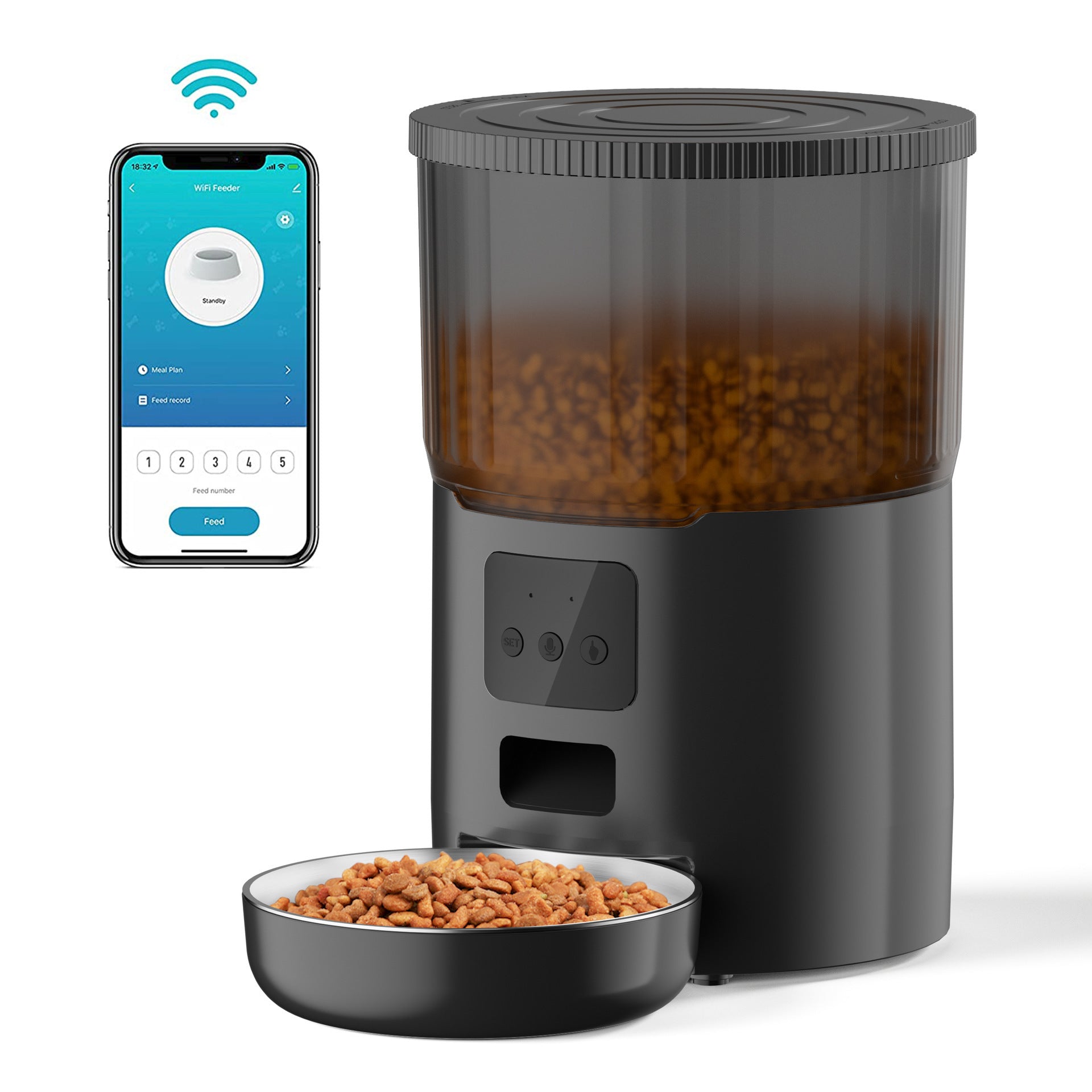 WiFi automatic pet feeder with black body, clear drum, LCD panel, and app phone