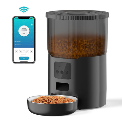 WiFi automatic pet feeder with black body, clear drum, LCD panel, and app phone
