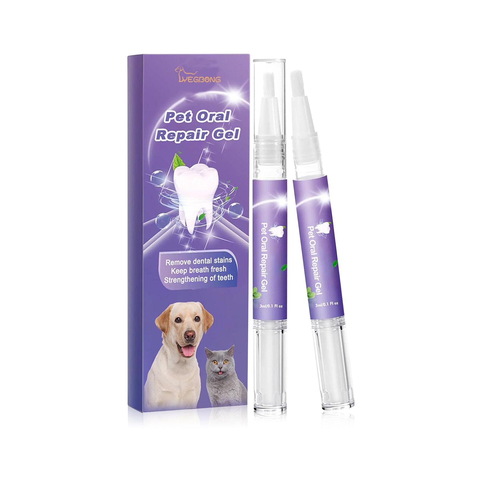 Pet Oral Repair Gel box with two clear applicator tubes, purple band labels