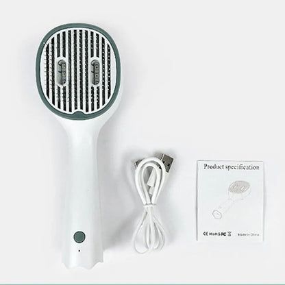 UVC pet comb brush with power cable and instruction card, white handle and dark rim
