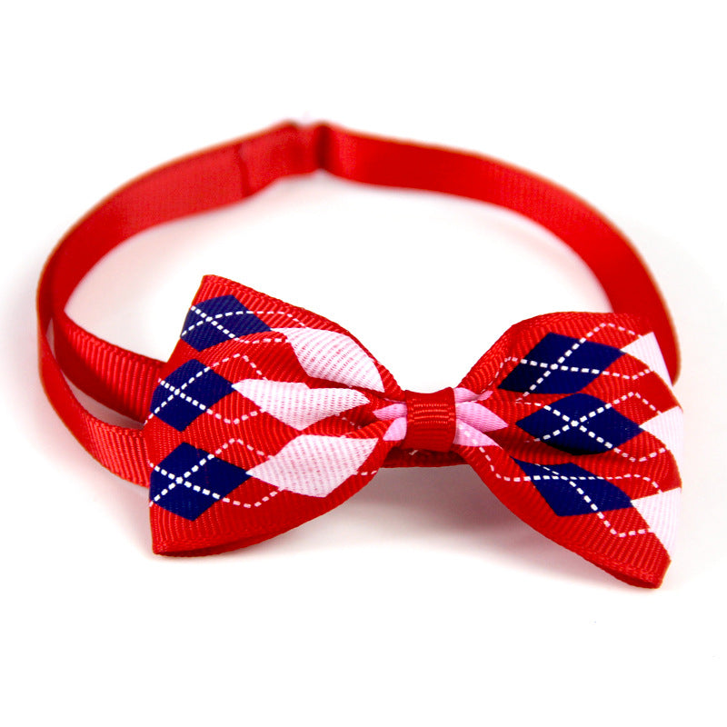 Plaid bow pet scarf accessory with red strap and red-blue-white check bow